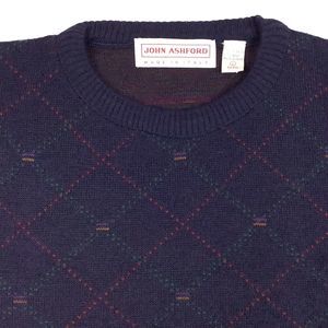 Italian Knit Wool Blend Crew Neck Sweater Men Size L 90s Blue Red Argyle Diamond